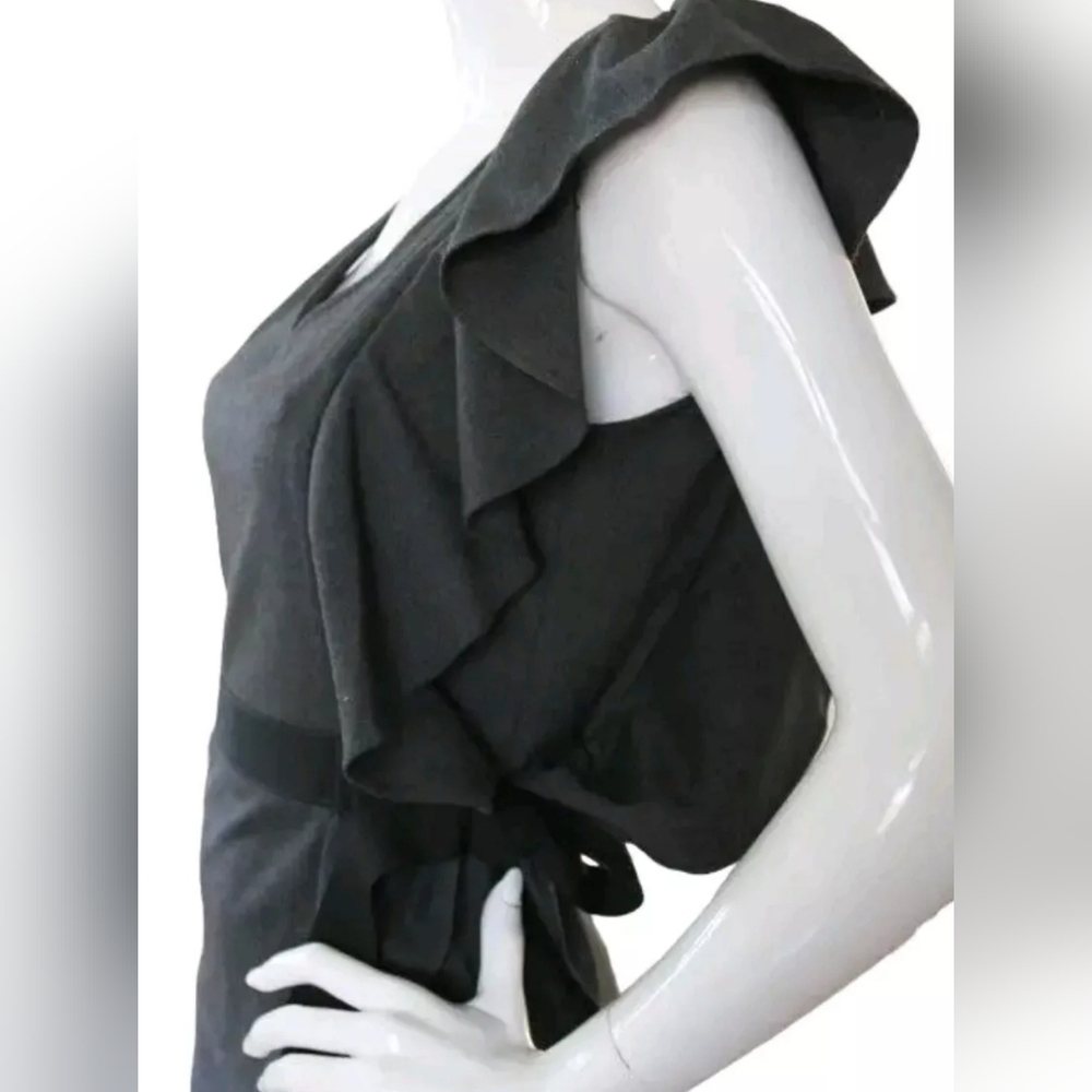 Sandro Paris Dress Gray Ruffle Trim Ribbon Belted Sheath Stretch Size Small New - Picture 3 of 16